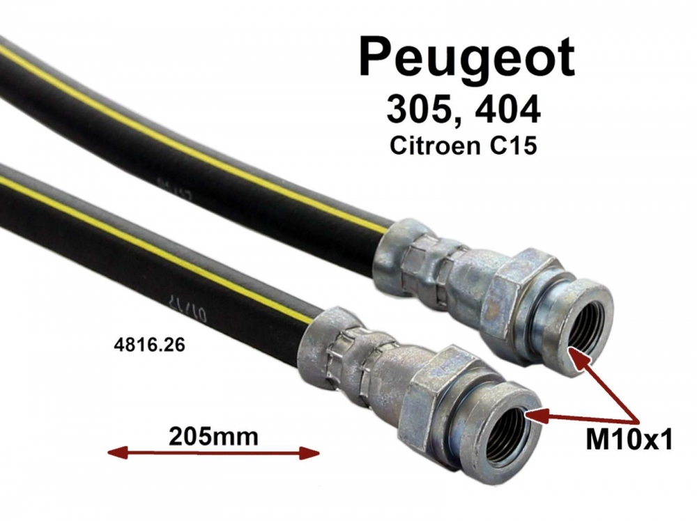 Sonstige-Citroen - P 404, remslang Peugeot 404. achter 72-80, 205mm lang, C15, P305 aansluiting 2x M10 binnen