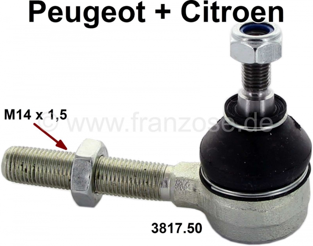 Peugeot - P 304/104/205/Visa, trekstangeind M14x1,5, past links of rechts. Kogelkop: M10. Hoogte kog