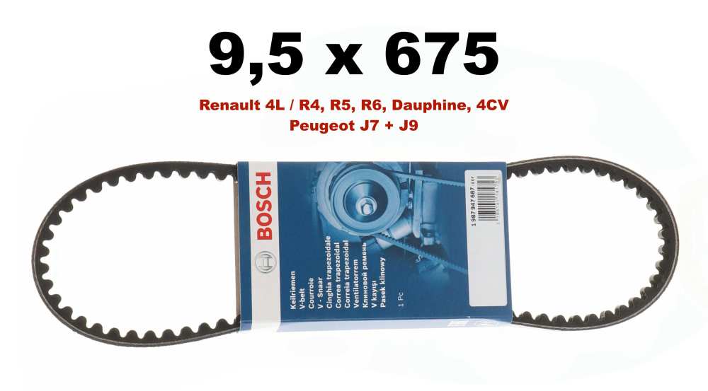 Renault - V-snaar 9,5x675. Geschikt voor Renault R4 (845cc) dynamo. R6 (845cc), Dauphine Gordini, R5