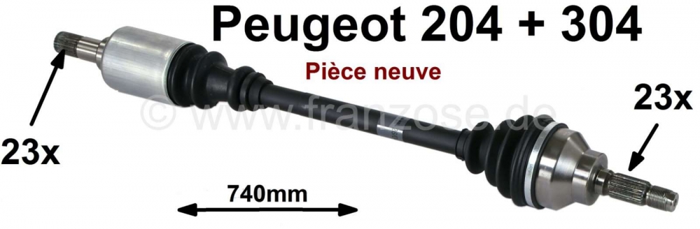 Renault - P 204/304, aandrijfas past links of rechts. Peugeot 204 + 304. Totale lengte: 740mm. Exter