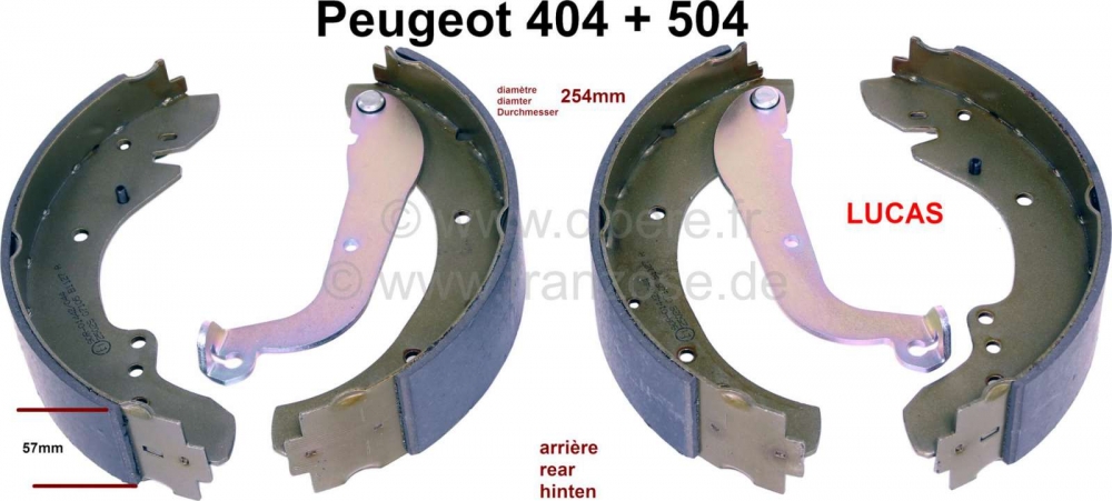Peugeot - P 404/504, remschoenset achter Peugeot 404, 504. breedte 57mm diameter 254mm, Lucas systee