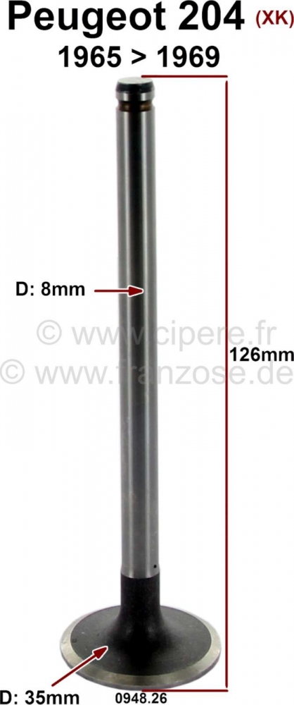 Peugeot - Inlaatklep Peugeot 204, gemonteerd van 1965 tot 1969, motor: XK. Diameter: 35,0mm. Klepste