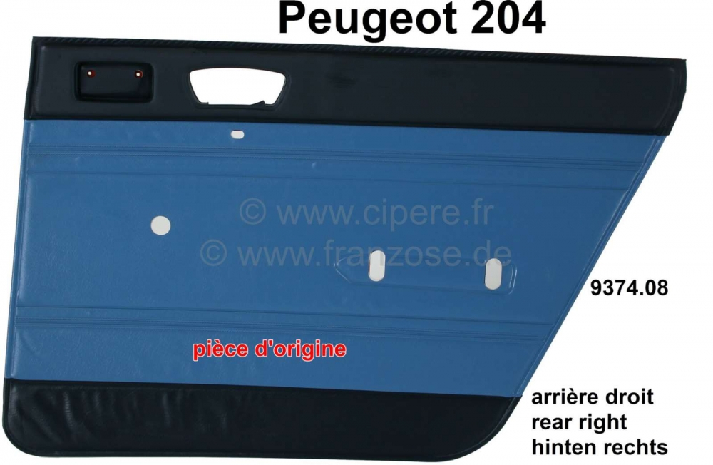Peugeot - P 204, deurbekleding rechtsachter. Kleur: imitatieleer blauwgroen (Turquoise 3172). Geschi