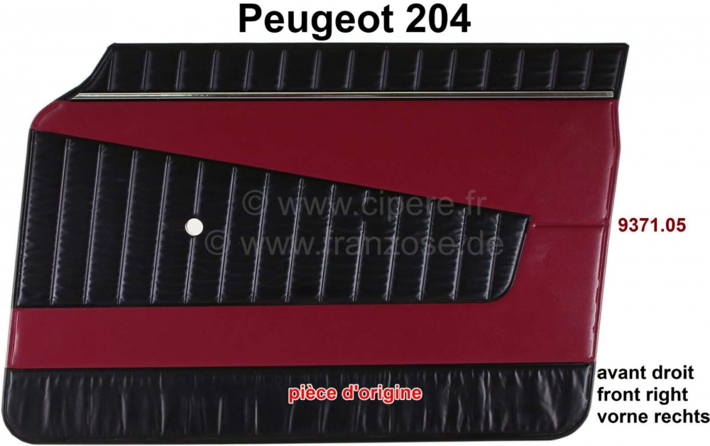 Peugeot - P 204, deurpaneel rechtsvoor. Kleur: kunstleer wijnrood-zwart (rouge 3103). Geschikt voor 