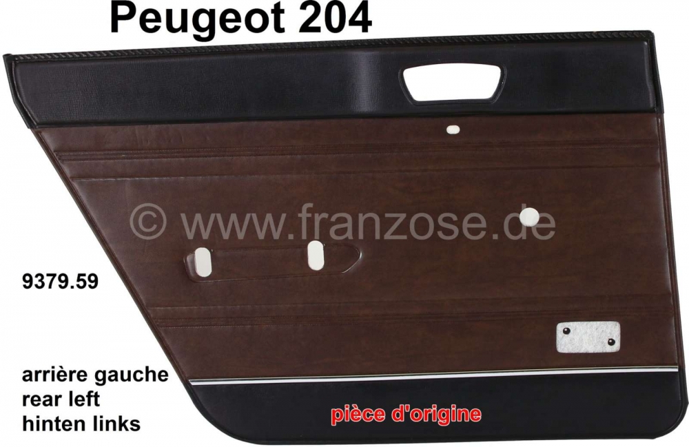 Peugeot - P 204, linker achterdeurpaneel. Kleur: kunstleer bruin. Geschikt voor Peugeot 204 (sedan).