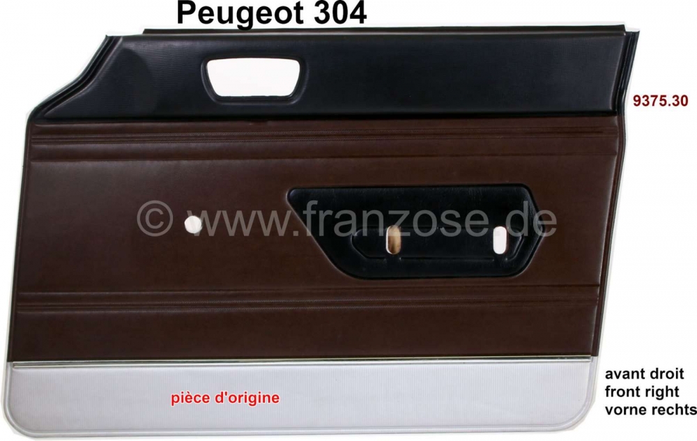 Peugeot - P 304, deurpaneel rechtsvoor. Kleur: kunstleer donkerbruin, zilveren bies onderaan (brun 3