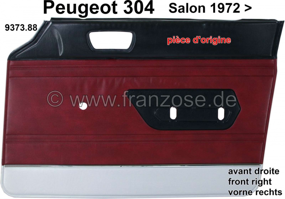 Peugeot - P 304, deurpaneel rechtsvoor. Kleur: kunstleer donkerrood, zilveren bies onderaan (Rouge 3