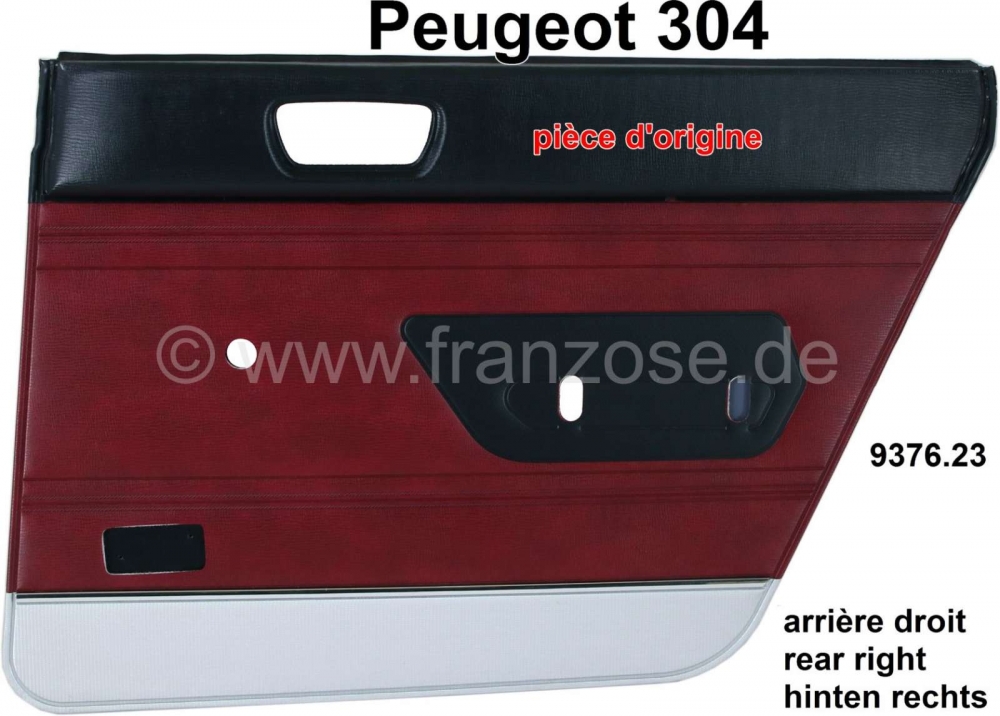 Peugeot - P 304, rechter achterdeurpaneel. Kleur: kunstleer donkerrood, zilveren bies onderaan (Roug
