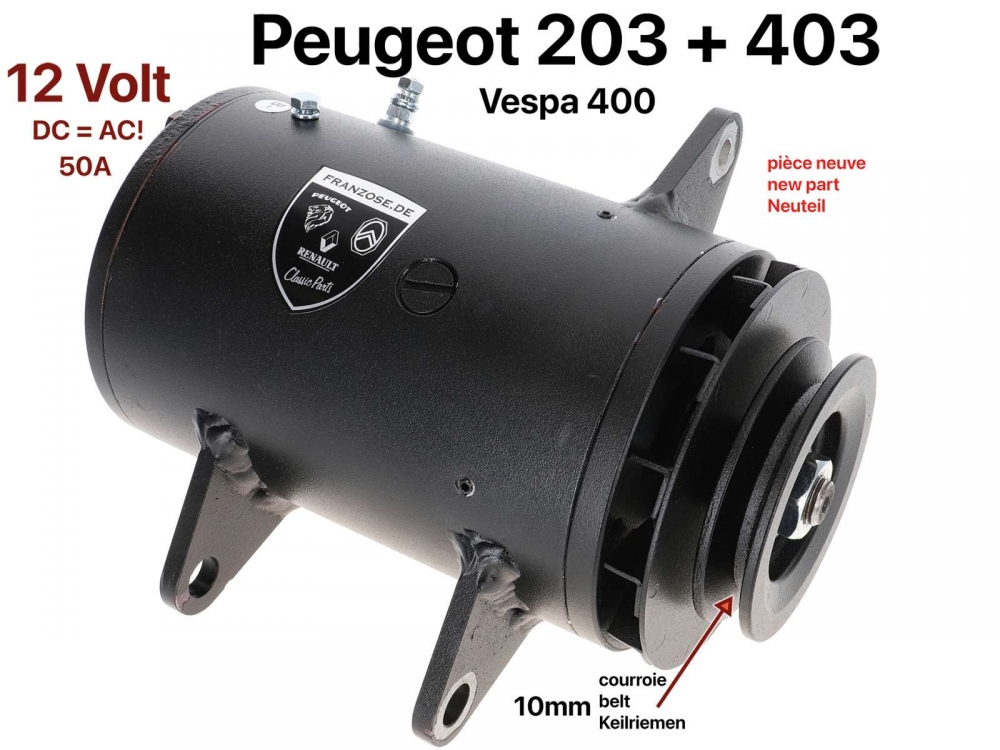 Peugeot - P 203/403, DC dynamo (10mm riembreedte). Geschikt voor Peugeot 203 + 403, Vespa 400. Nieuw