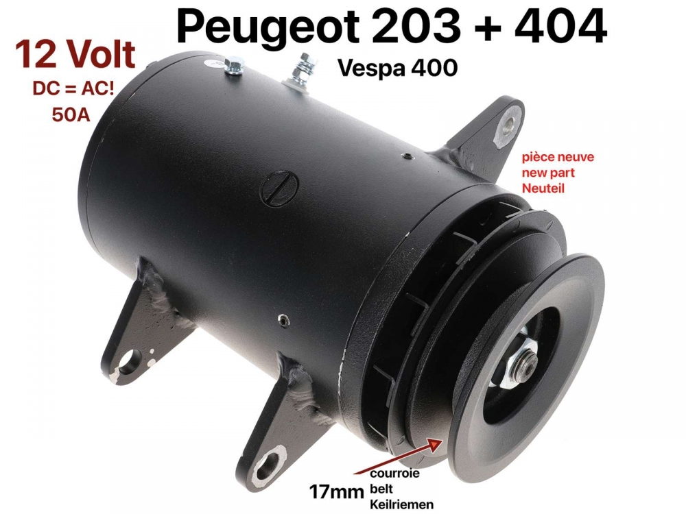 Peugeot - P 203/403, DC dynamo (17mm riembreedte). Geschikt voor Peugeot 203 + 403, Vespa 400. Nieuw