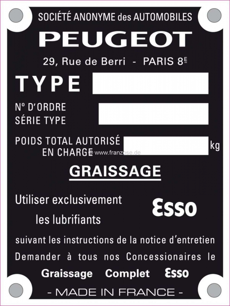 Peugeot - Peugeot typeplaatje. 100x75mm. 4 gaten.