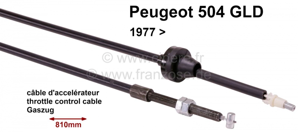 Renault - Gaskabel. Geschikt voor Peugeot 504 GLD, bouwjaar 1977. Lengte: 810/635mm. Of. Nr. 1640.44