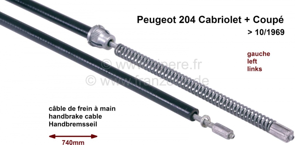 Citroen-2CV - P 204, handremkabel links. Geschikt voor Peugeot 204 Cabrio + Coupe, tot bouwjaar 10/1969.