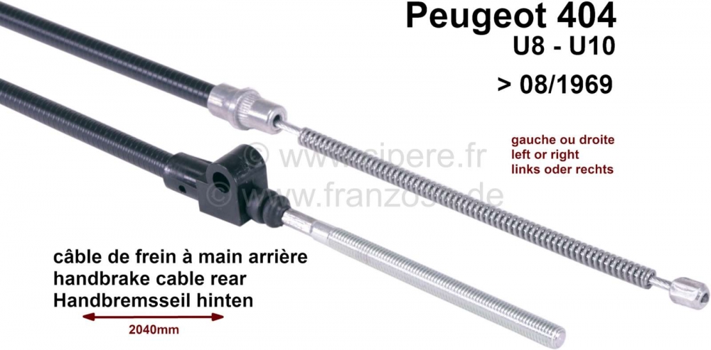Peugeot - P 404, handremkabel achter, ->08/69, U8-U10, 2040/1620mm links + rechts past. Of. Nr. 4834