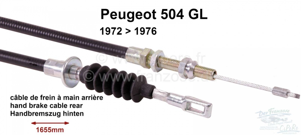 Peugeot - P 504, handremkabel achter, GL 72-76, 1655/1130mm links of rechts passend