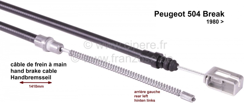 Peugeot - P 504, handremkabel achter links, break 80->, 1410/1100mm