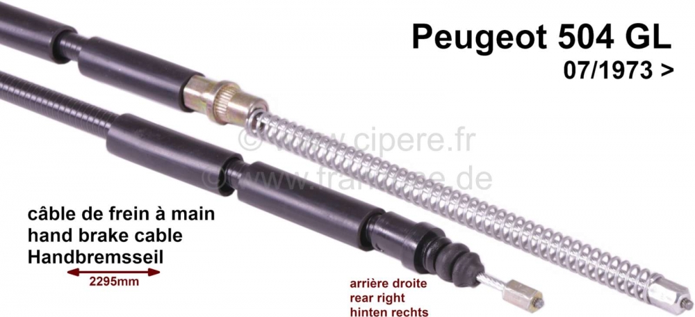 Peugeot - P 504, handremkabel rechts achter , GL 07/73->, 2295/1320mm