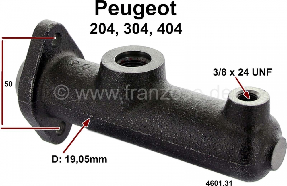 Peugeot - P 204/304/404, hoofdremcilinder, enkelvoudig remsysteem. 19 mm zuigerdiameter. Geschikt vo