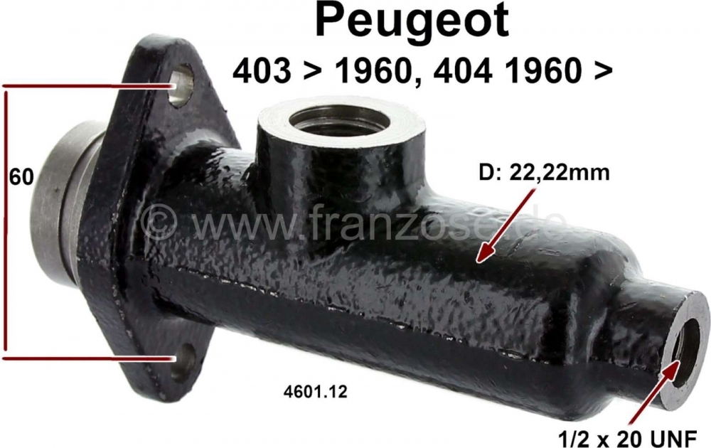 Peugeot - P 403/404, hoofdremcilinder. Zuiger diameter: 22mm. Aansluiting remleiding: 1/2 x 20 UNF. 
