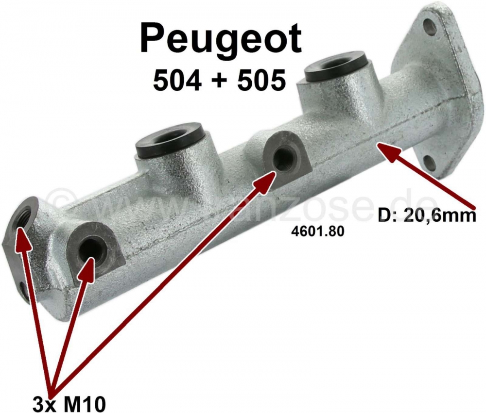 Peugeot - P 504/505, hoofdremcilinder met twee circuits. Remsysteem: Bendix. Zuiger diameter: 20,6 m
