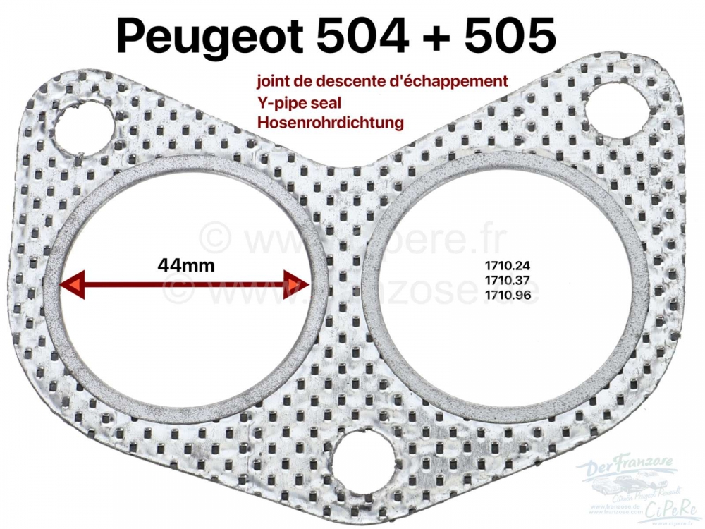 Renault - P 504/505, Y-pijp pakking. Geschikt voor Peugeot 504 + 505.diameter 44mm. Of. Nr. 1710.24 