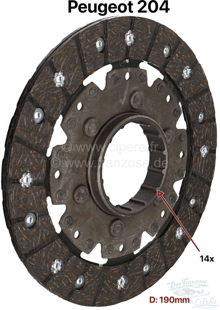 Citroen-2CV - P 204, aandrijfschijf 190mm. 14 tanden. Geschikt voor Peugeot 204.
