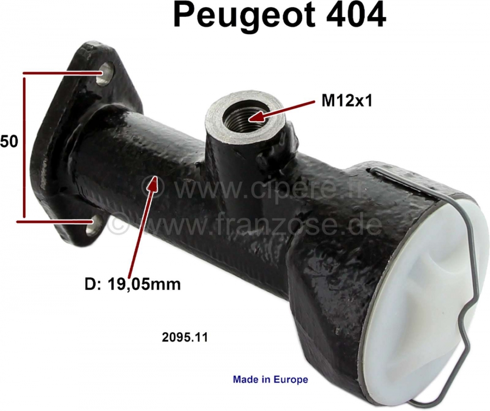 Peugeot - P 404, hoofdkoppelingscilinder. Geschikt voor Peugeot 404. Zuiger diameter: 19,05mm. Aansl
