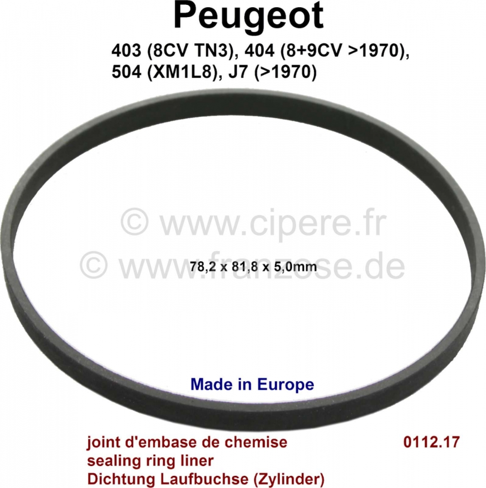 Peugeot - P 404/403/504/J7, afdichtingsring voor de bottom liner (afdichting in het motorblok). Afme