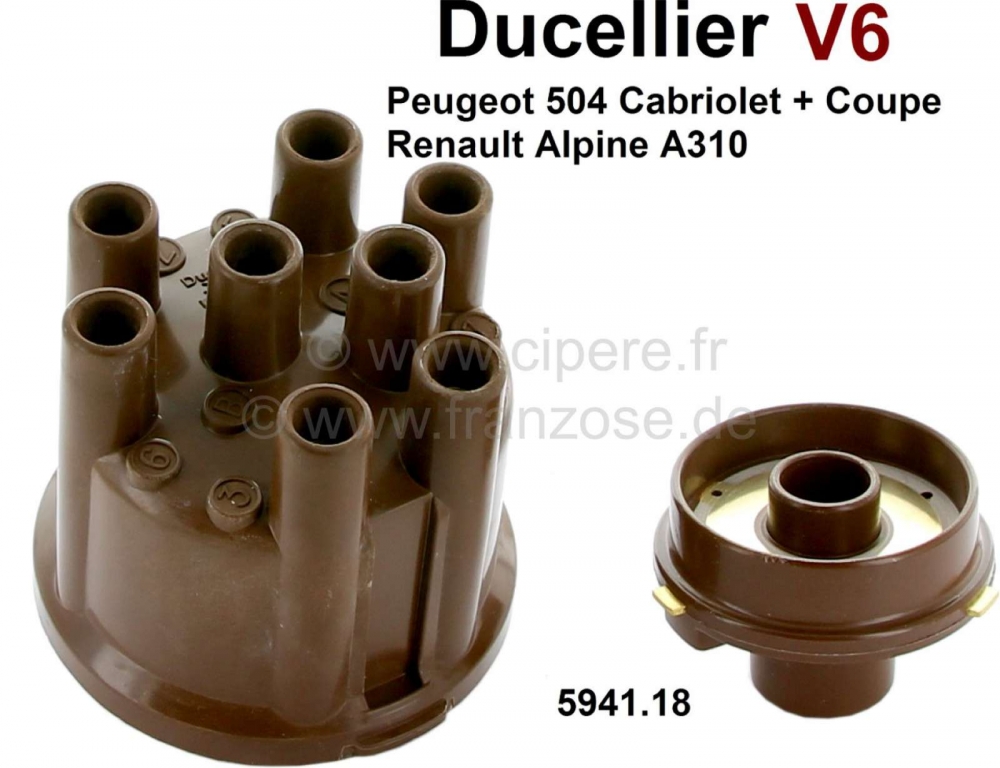Renault - Ducellier, V6 verdelerkap + rotor. Geschikt voor Peugeot 504 V6 (Cabrio + Coupé). Peugeot