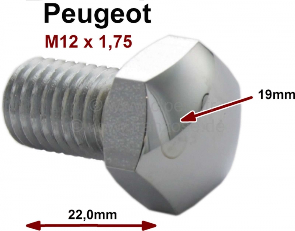 Peugeot - Naafdopschroef. Geschikt voor Peugeot 203, 403, 404. Schroefdraad: M12 x 1.75. Lengte: 22m