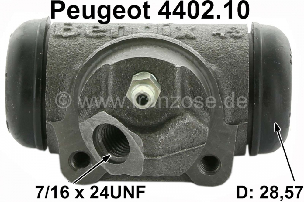 Alle - P 203/403/404, remcilinder achterwiel. Zuiger diameter: 28,57mm. Aansluiting remleiding: 7