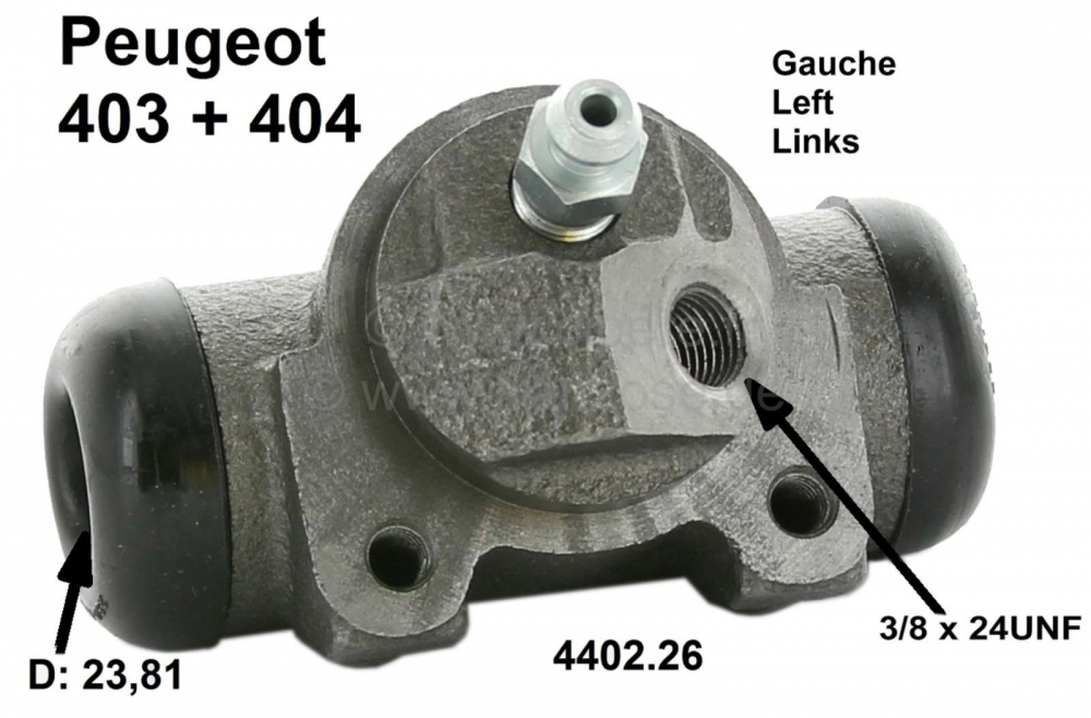 Peugeot - P 403/404, remcilinder achterwiel links, Or.Nr.440226, zuigerdiameter = 23,81 mm, aansluit