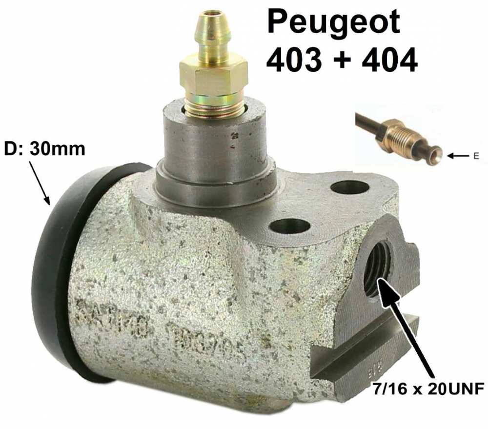 Peugeot - P 403/404, remcilinder voorwiel. 1 zuiger (30mm). Remleiding aansluiting: 7/16 x 20 UNF. G