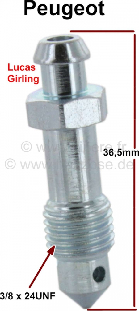 Peugeot - P 504, ontluchtingsschroef achterremklauw. Remsysteem: Lucas. Schroefdraad: 3/8 x 24 UNF. 