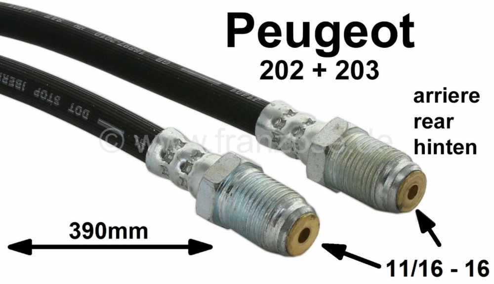 Peugeot - P 202/203, remslang achter. Geschikt voor Peugeot 202 + 203. Schroefdraad: 11/16-16. Lengt
