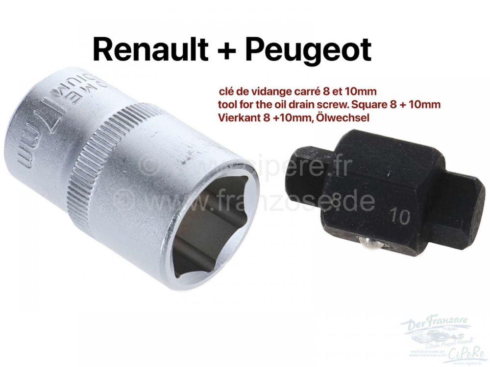 Renault - Olie aftapplug gereedschap. Vierkant 8 + 10mm. Geschikt voor Peugeot + Renault.