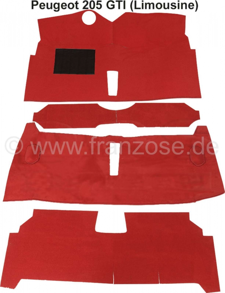 Peugeot - P 205, tapijtset. Materiaal: rood velours. Geschikt voor Peugeot 205 GTI (sedan).