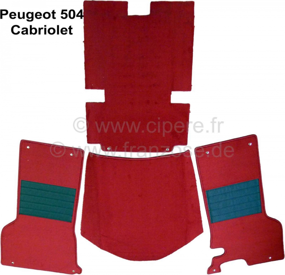Peugeot - P 404, tapijtset wijnrood, voor Peugeot 404 Coupé + Cabrio. 4 delen, 2x hielbeschermers +