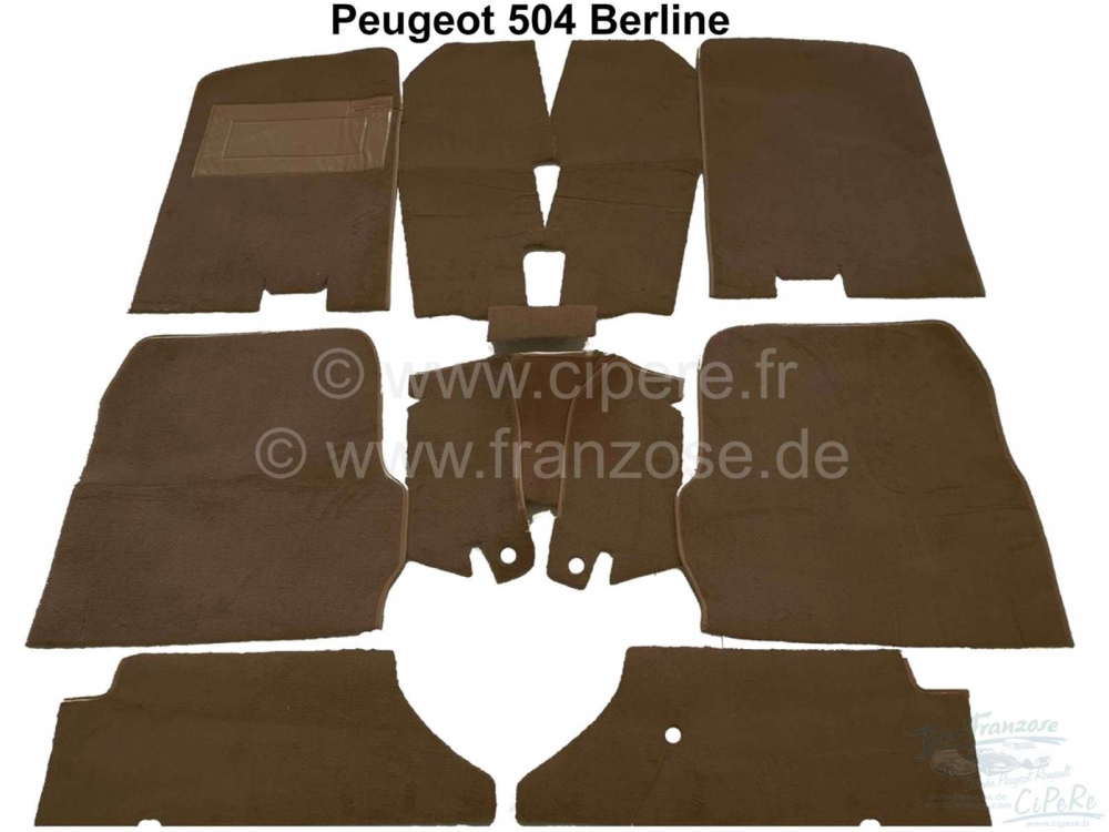 Renault - P 504, tapijtset velours donkerbruin, voor Peugeot 504 berline. 9 delen, kettingbinding.