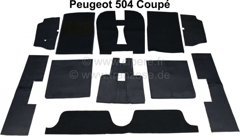 Peugeot - P 504, tapijtset velours zwart, voor Peugeot 504 Coupe. 11 stuks, kettingbinding.