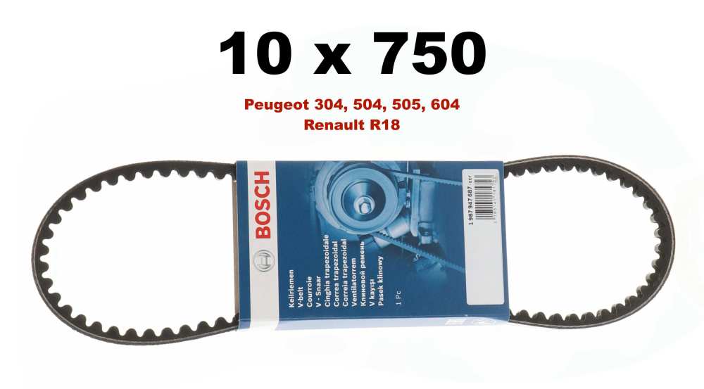 Renault - V-snaar 10x750mm. Geschikt voor Peugeot 304, 504, 505 (2.5TD), 604 TD (voor dynamo). Renau