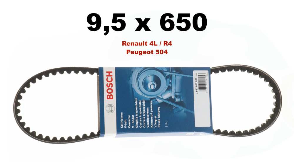 Renault - V-riem 9,5x650. Geschikt voor Renault 4 (845cc). Peugeot 504. Lengte: 650mm.