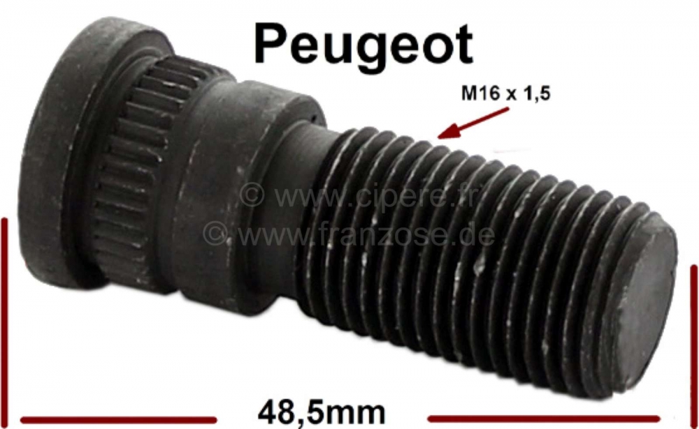 Peugeot - Wielbout M16 x 1,5 x 44mm. Geschikt voor 203, 403, 404, 504 (bedrijfsvoertuigen). Of. Nr. 