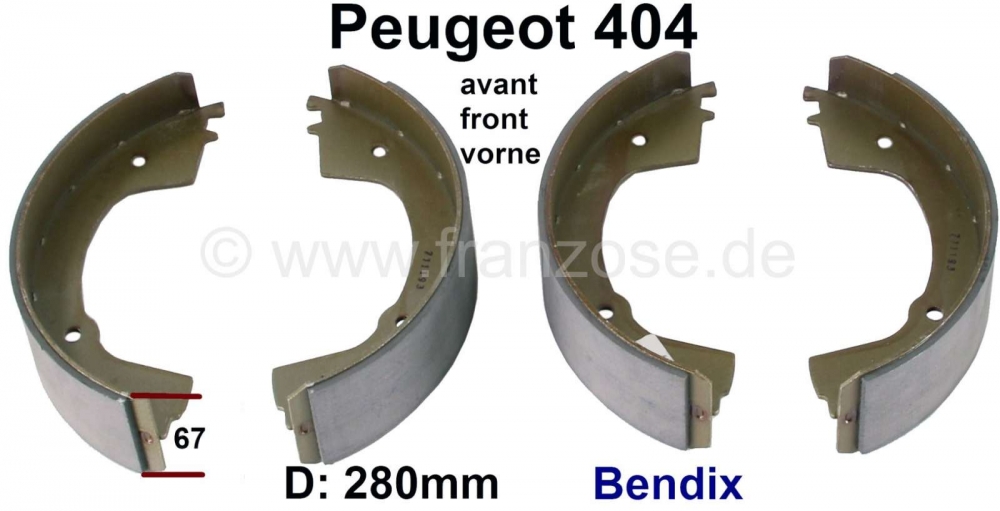 Peugeot - P 404, remschoenset voorremmen. Geschikt voor Peugeot 404 tot modeljaar 07/1970, Bendix sy