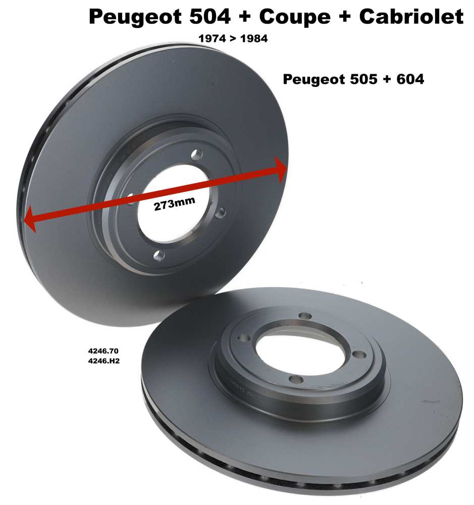 Peugeot - P 504,604,505, schijfset voorremmen. V6, Peugeot 504 Cabrio + Coupe bouwjaar 74-84, gevent