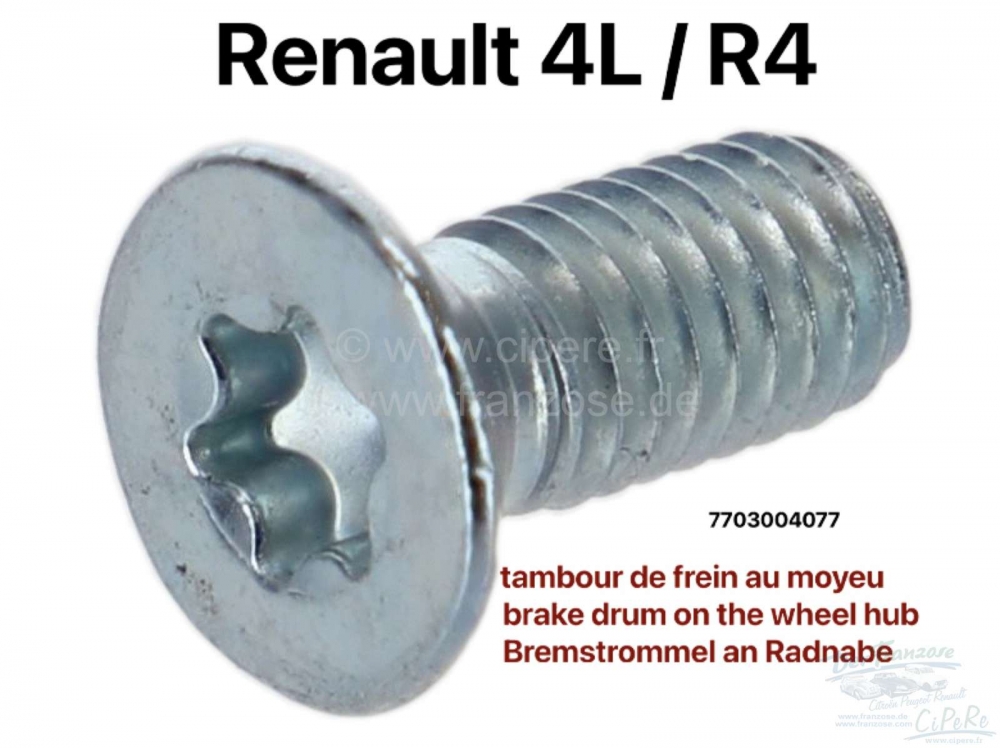 Renault - R4, Torx-bevestigingsschroef (6x14), voor bevestiging van de remtrommel aan de wielnaaf. G
