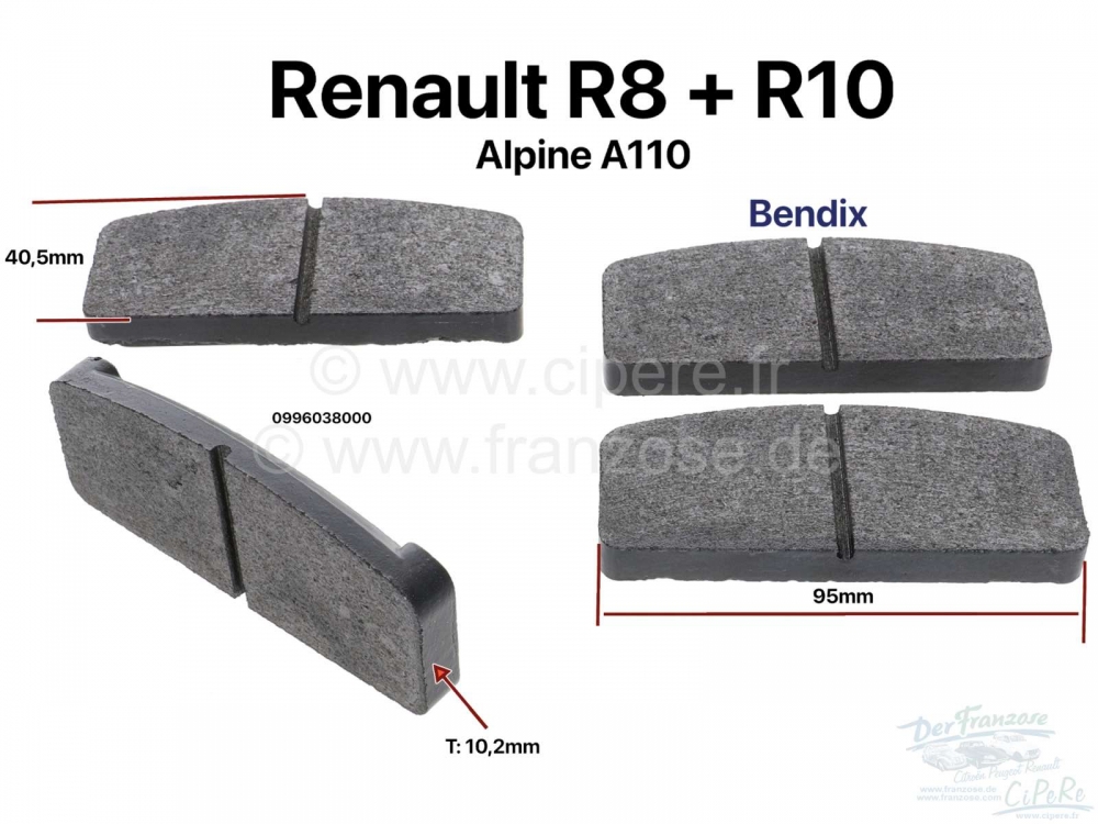 Renault - R8/R10, remblokken achter. Remsysteem: Bendix. Geschikt voor Renault R8, R10, Alpine A110.