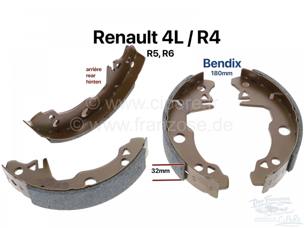 Renault - Remschoenen achter (1 set). Remsysteem: Bendix. Geschikt voor Renault R4, R5 (vanaf bouwja
