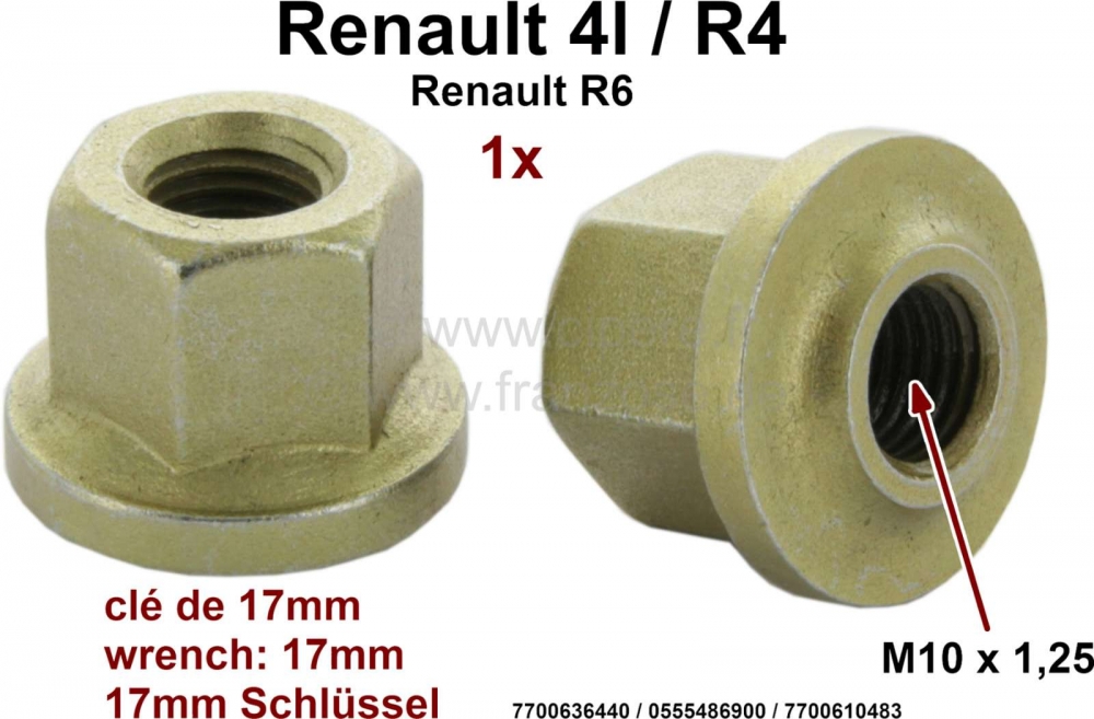 Renault - Wielmoer kort. Geschikt voor Renault R4 + R6. Schroefdraad: M10 x 1,25, sleutelmaat: 17mm.