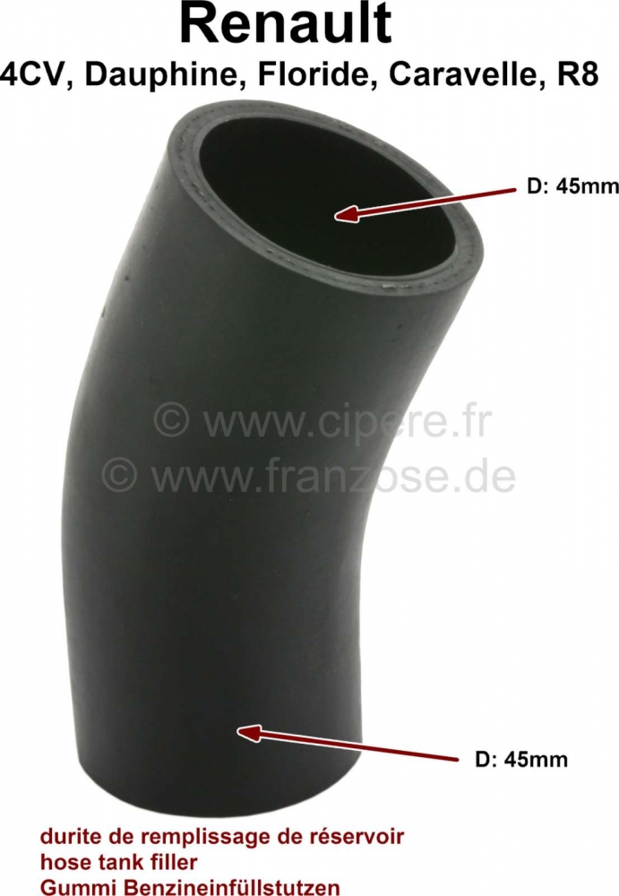 Renault - Benzine vulslang, voor de tank: aansluitslang. Geschikt voor Renault 4CV, Dauphine, R8, Fl